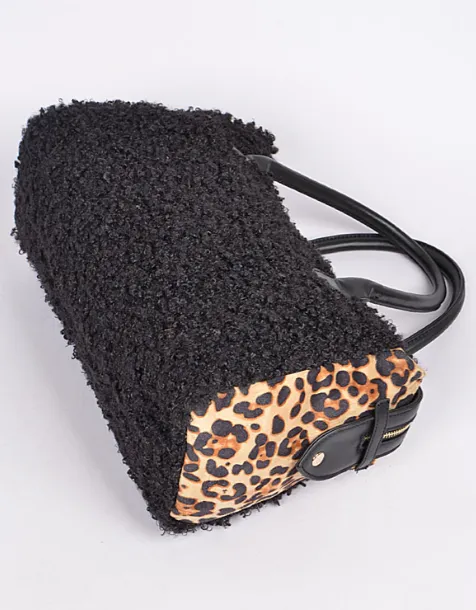 Fuzzy Black & Leopard Tote