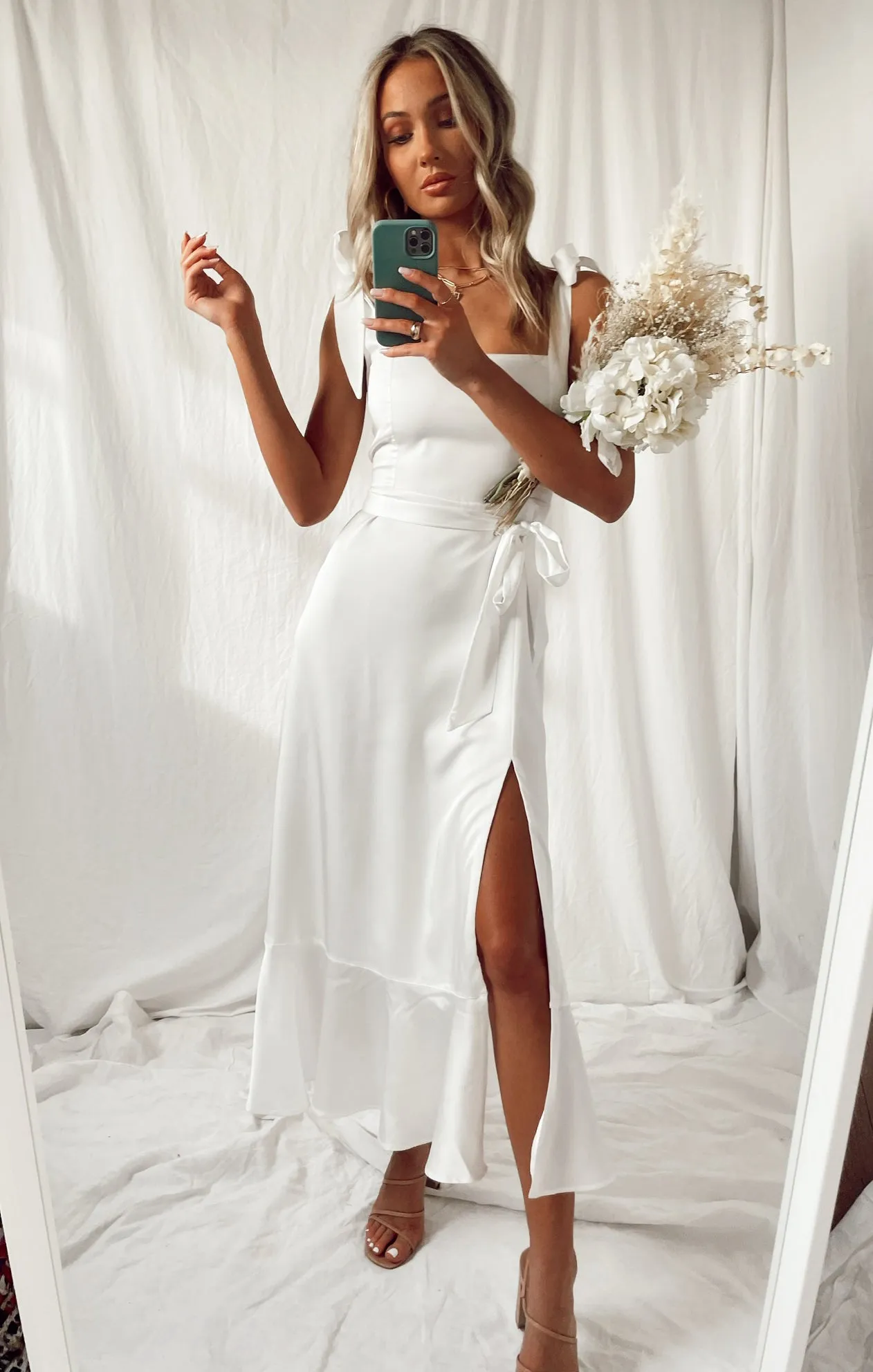 Garden Midi Dress ~ Ivory Luxe Satin