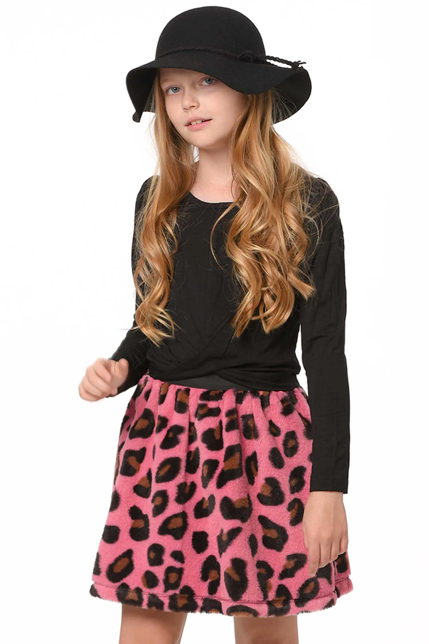 Girls Animal Print Faux Fur Mini Skirt