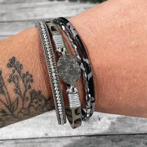 Gray Leopard & Druzy Stone Leather Wrap Bracelet