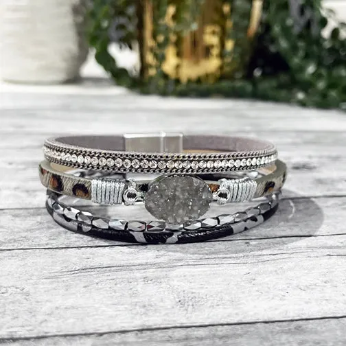 Gray Leopard & Druzy Stone Leather Wrap Bracelet