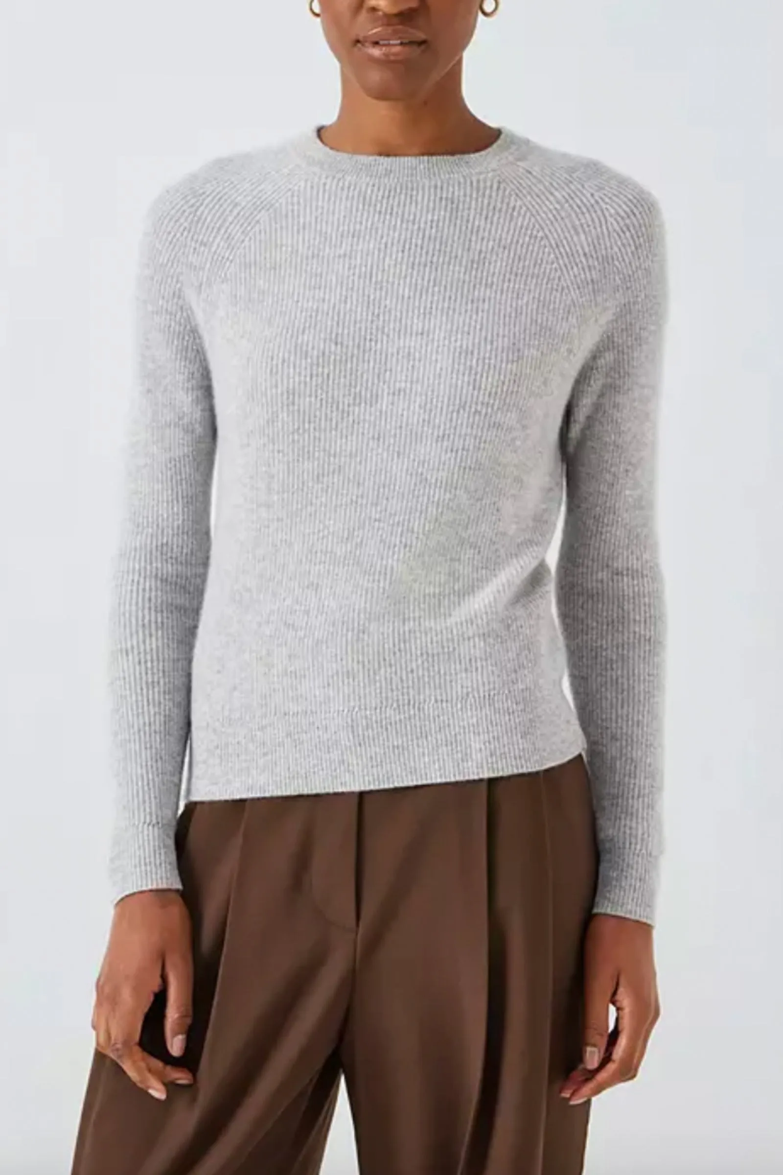 Grey Cashmere Rib Trim Crew Neck Jumper