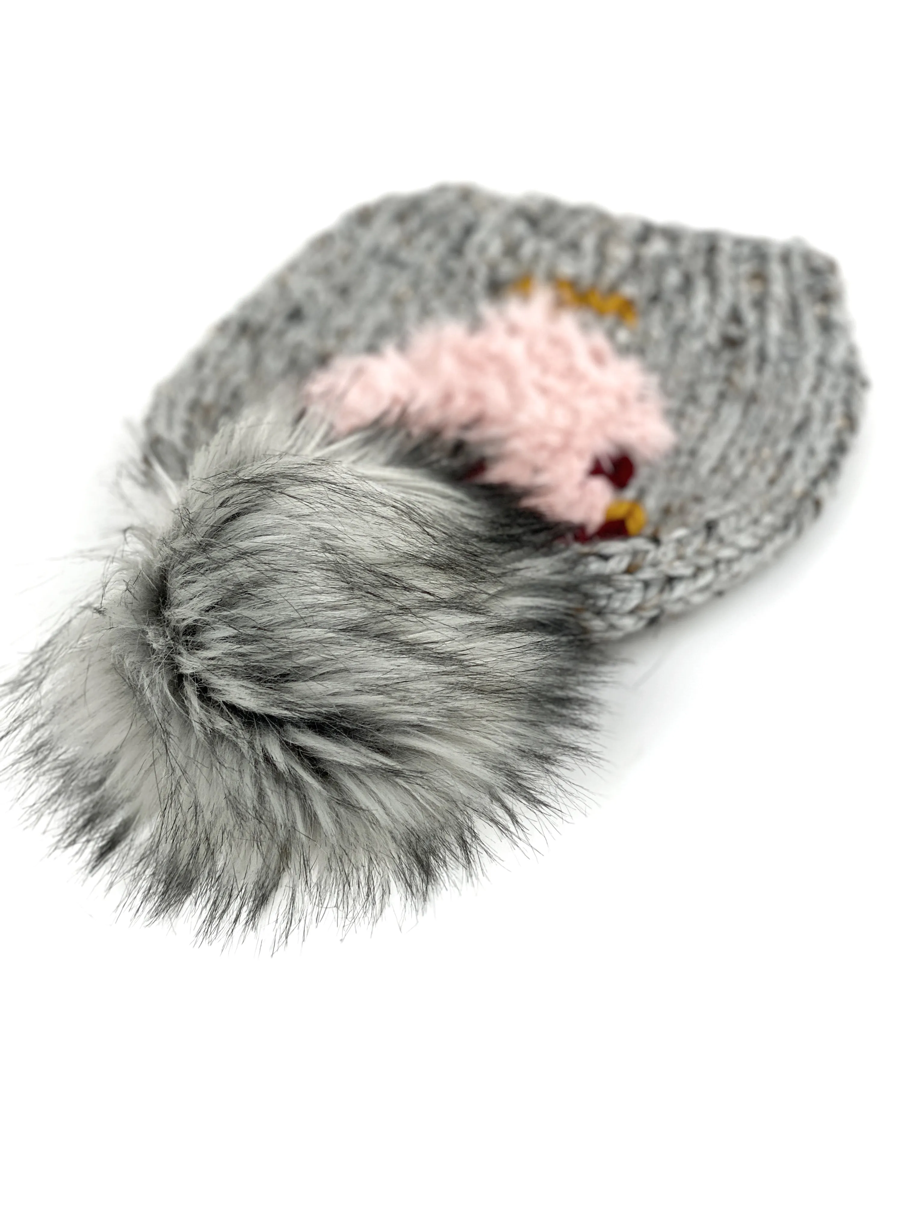 Grey Marble Knit Furry Pink or Sheep Chicken Beanie Wool Blend Womens Adult Hat Faux Fur Pom Pom Hat