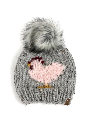 Grey Marble Knit Furry Pink or Sheep Chicken Beanie Wool Blend Womens Adult Hat Faux Fur Pom Pom Hat