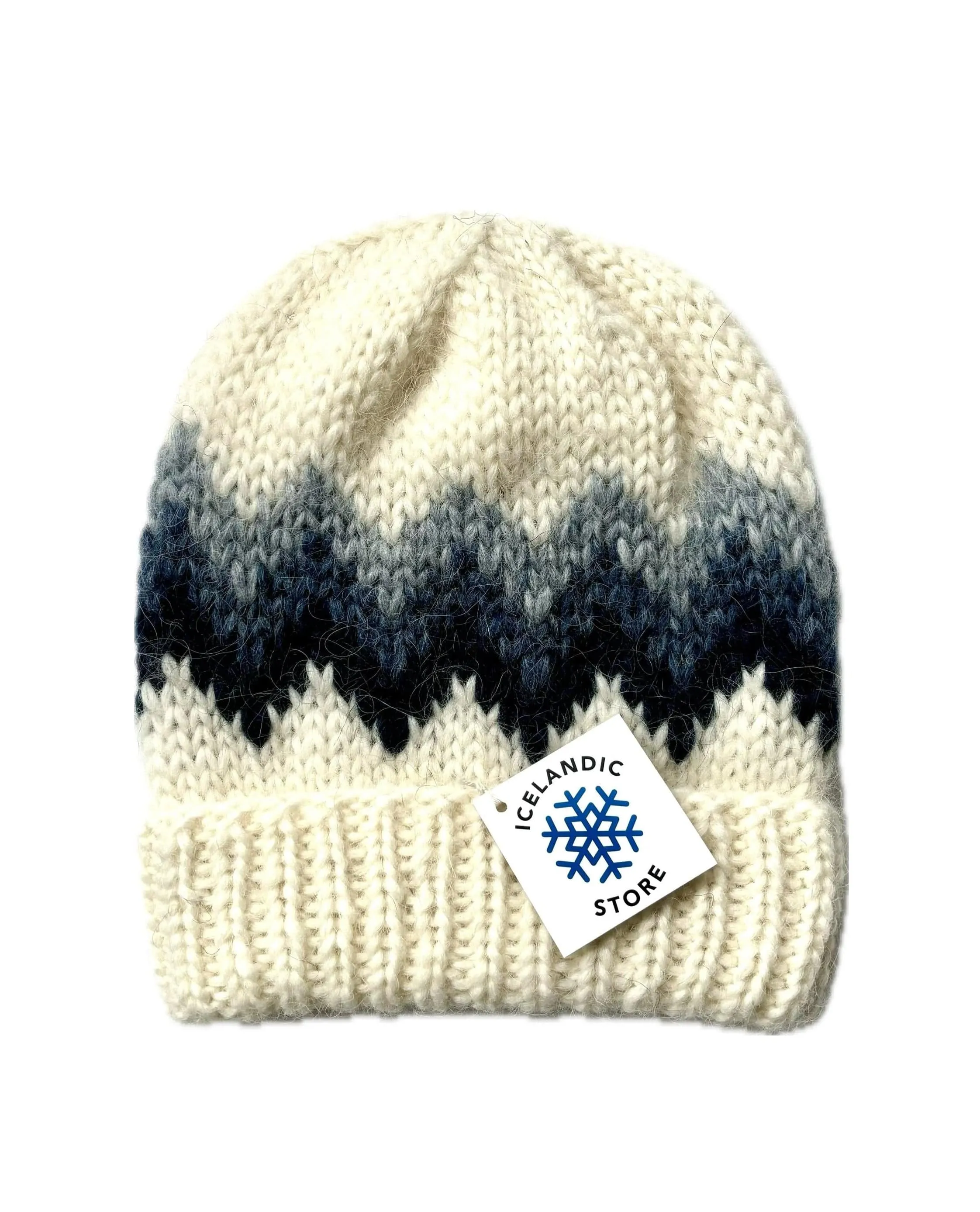 Handknitted Icelandic Wool Hat - White / Blue