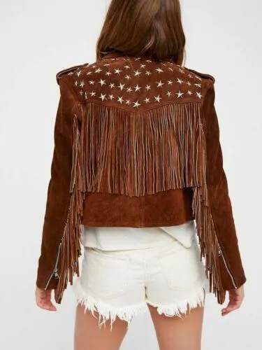 Handmade Brown Fringe Stud Jacket for women, Women studded Suede biker Jacket