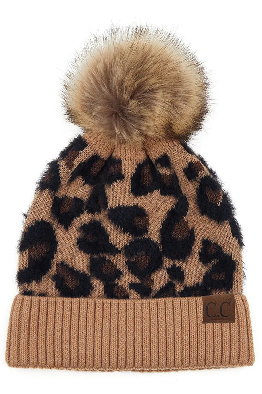 Hat-2061 Beanie with Faux Fur Pom Latte