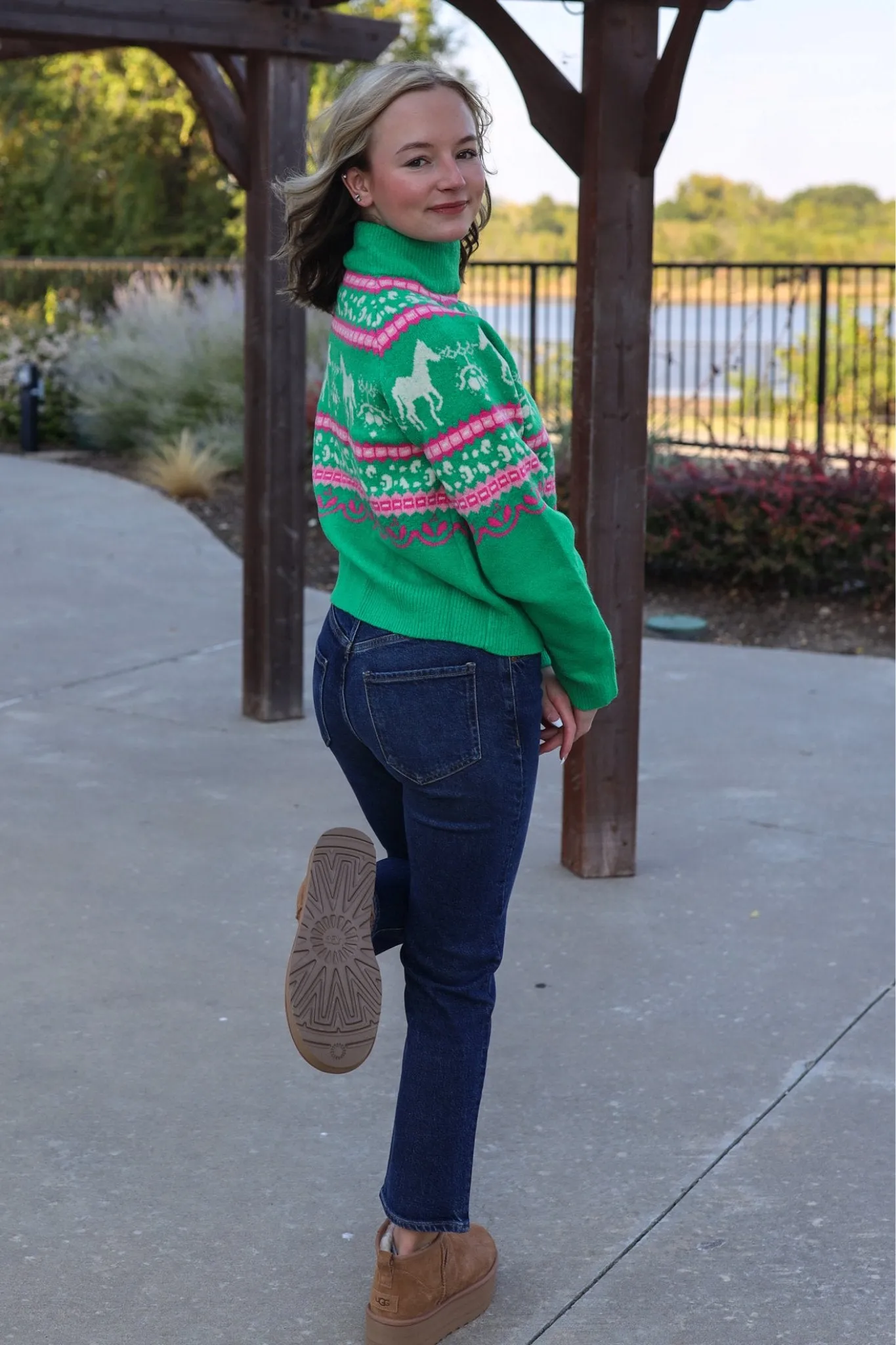 Horse Fair Isle Sweater in Green & Pink