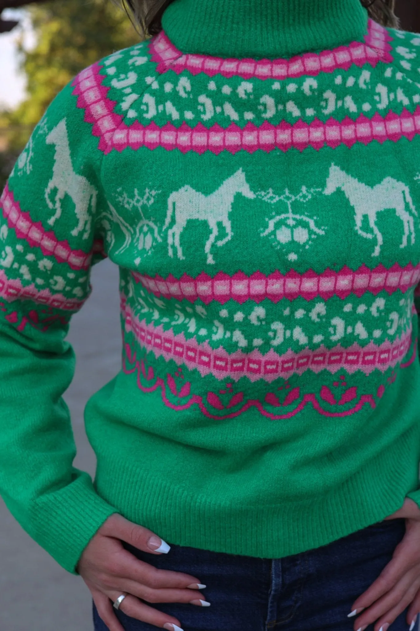 Horse Fair Isle Sweater in Green & Pink