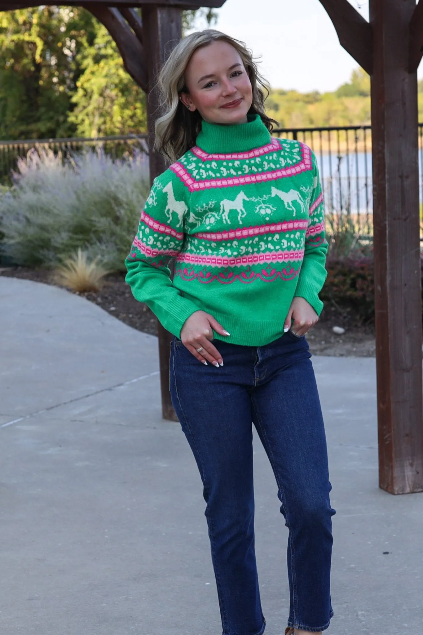 Horse Fair Isle Sweater in Green & Pink