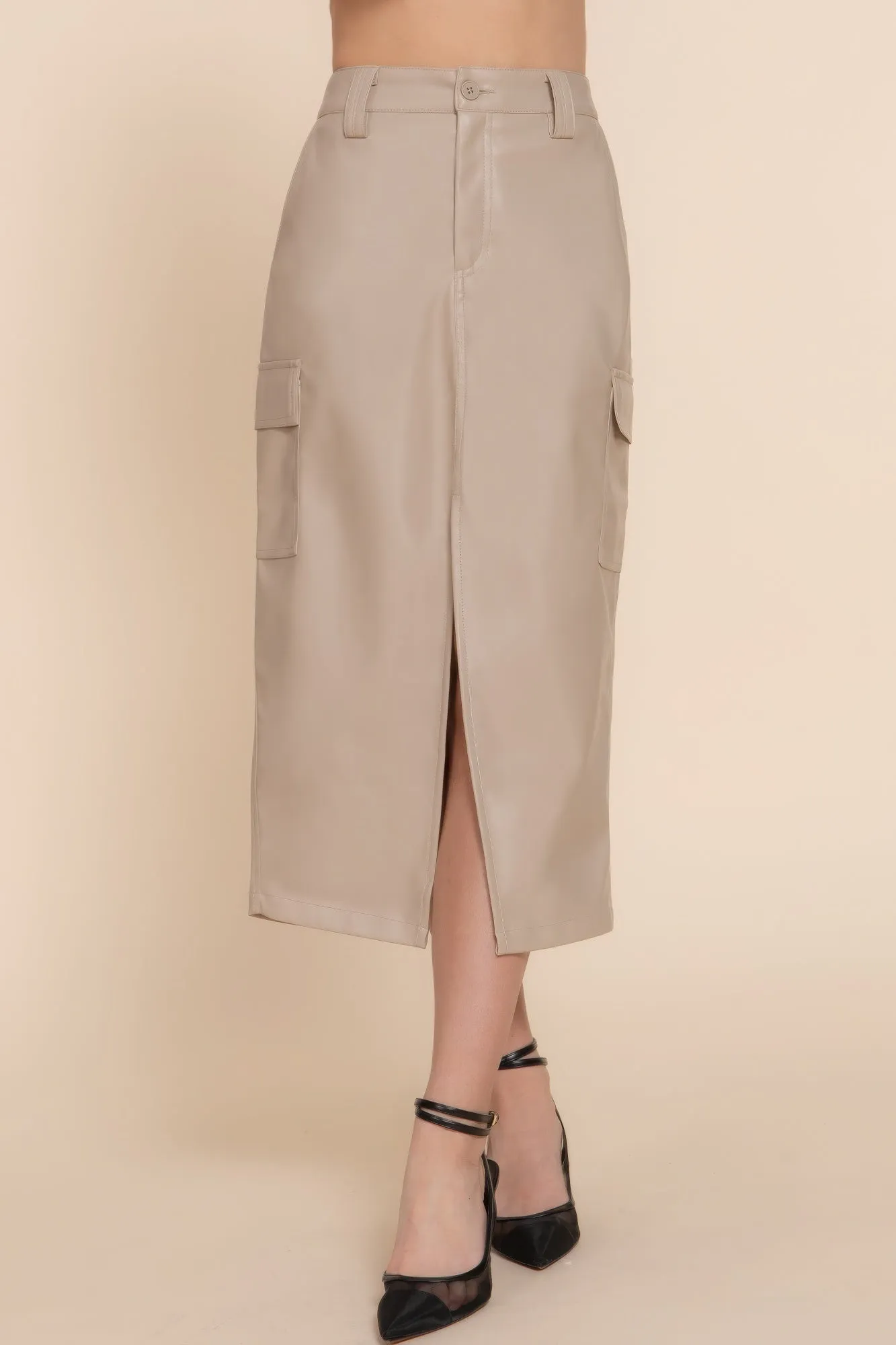 Hot Girl Florence Faux Leather Cargo Midi Skirt In Beige