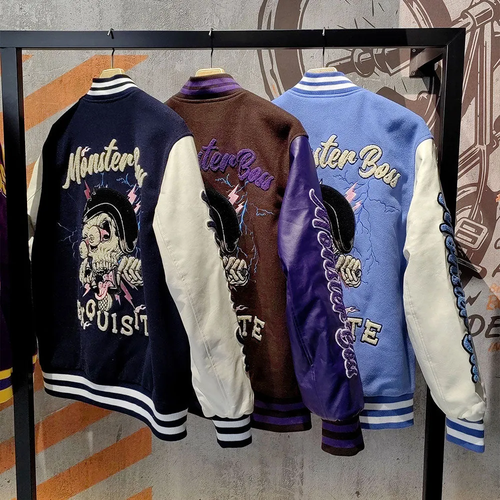 Huili factory wholesale custom logo chenille embroidery letterman varsity jacket with leather sleeves