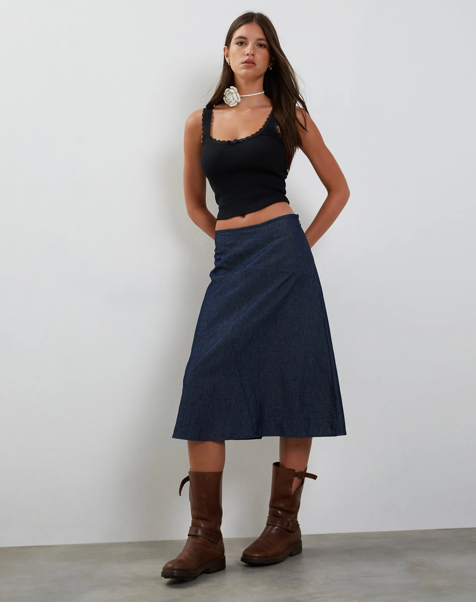 Imbrella Denim Midi Skirt in Dark Indigo