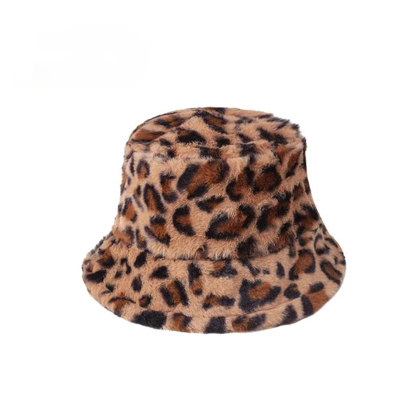 INS Autumn and Winter Leopard Print Pattern Fisherman Hat Women's Fleece Thick Cow Print Pot Hat Fashion Versatile Bowler Caps