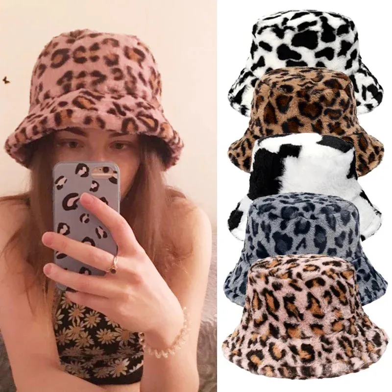 INS Autumn and Winter Leopard Print Pattern Fisherman Hat Women's Fleece Thick Cow Print Pot Hat Fashion Versatile Bowler Caps