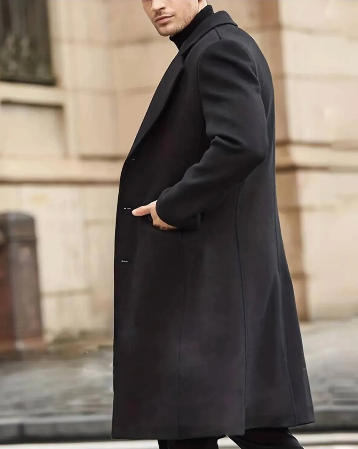 [John Shay] Black Long Single-Breasted Pea Coat –100% Wool