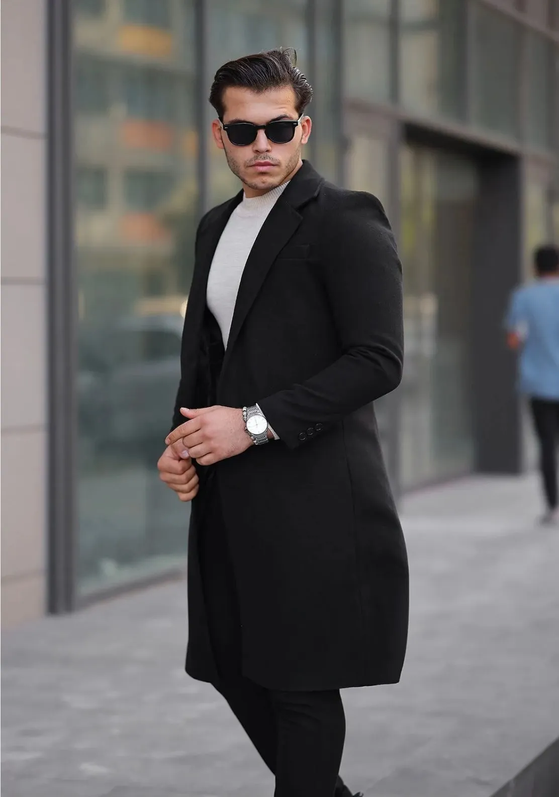 [John Shay] Black Long Single-Breasted Pea Coat –100% Wool