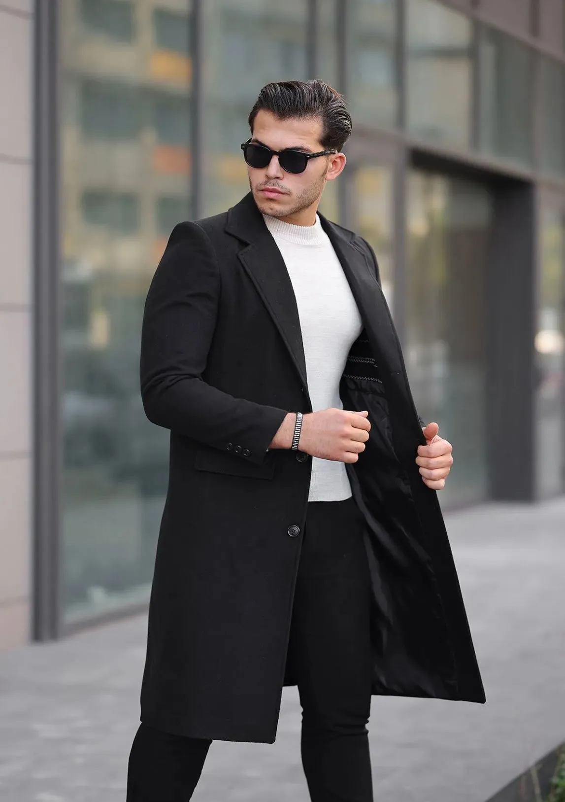 [John Shay] Black Long Single-Breasted Pea Coat –100% Wool