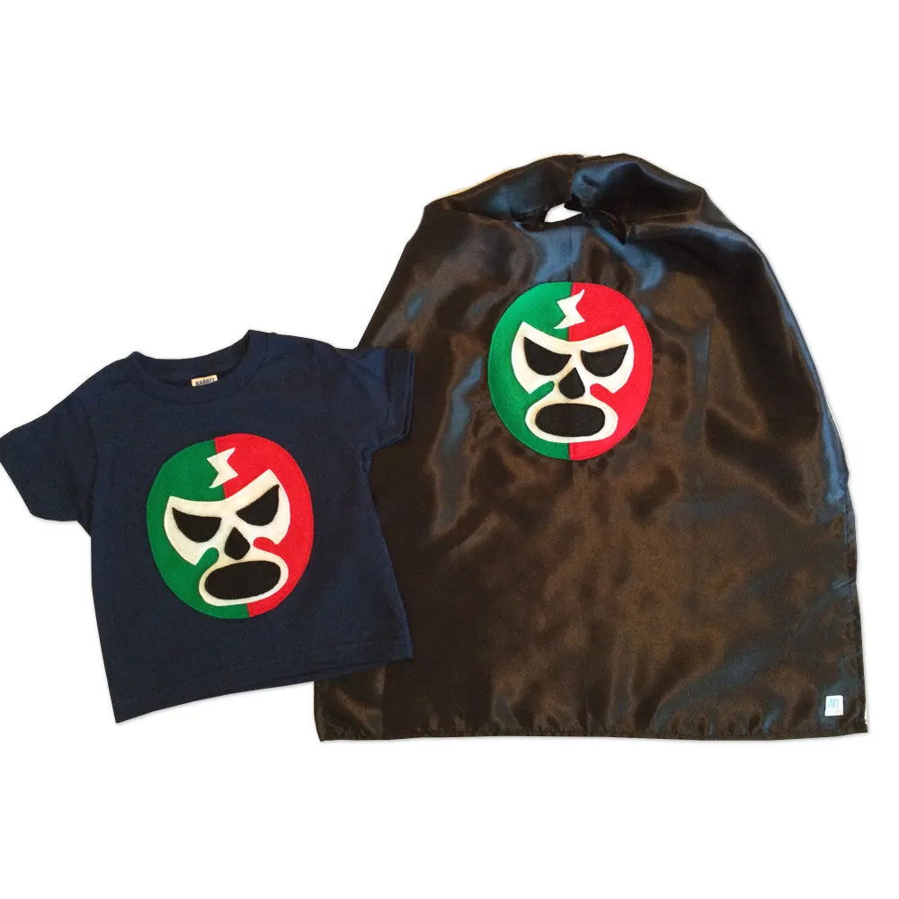 Kid's Cape and Shirt- Luchador Rojo   Verde - Red   Green Mexican Wrestler Combo