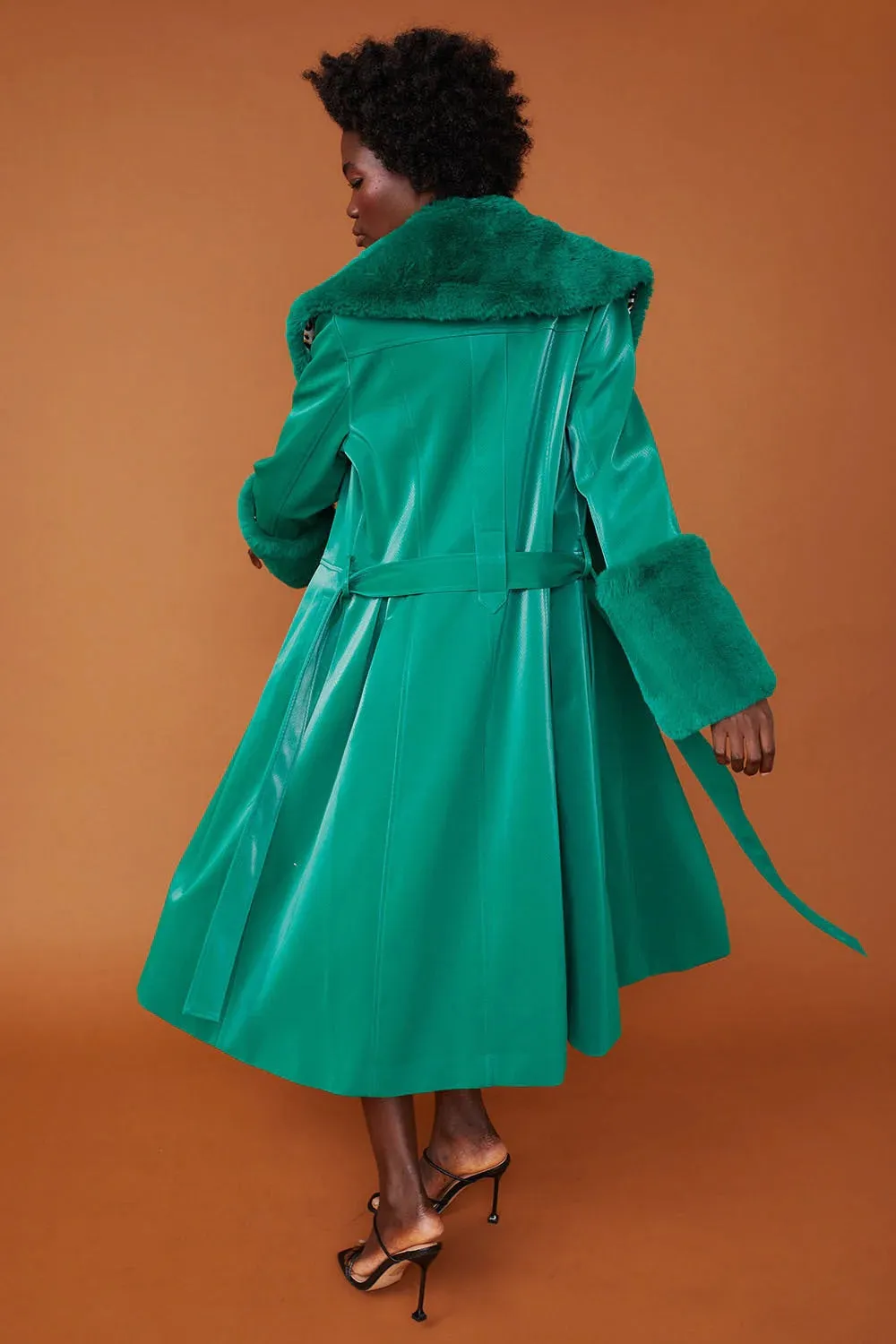 Ladies Green Faux Suede Trench Coat with Faux Fur Collar and Cuffs