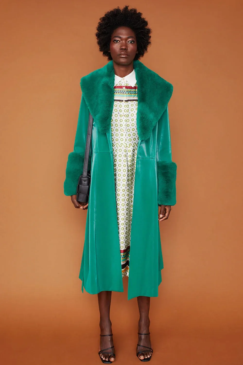 Ladies Green Faux Suede Trench Coat with Faux Fur Collar and Cuffs