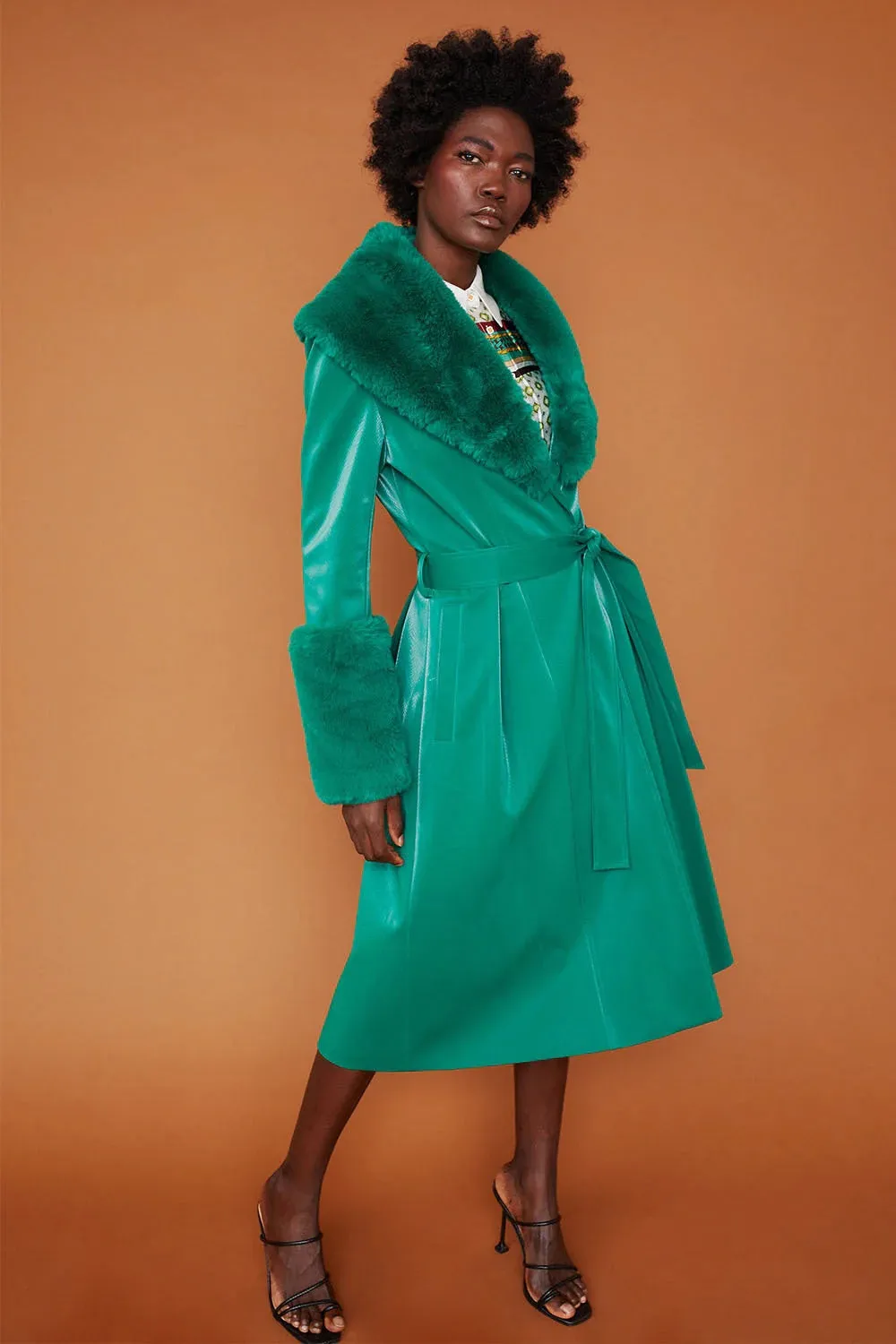 Ladies Green Faux Suede Trench Coat with Faux Fur Collar and Cuffs