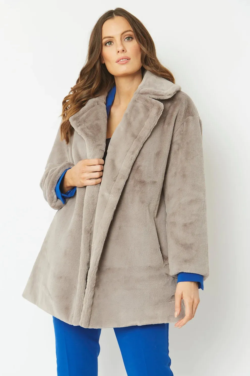 Ladies Light Grey Faux Fur Midi Coat