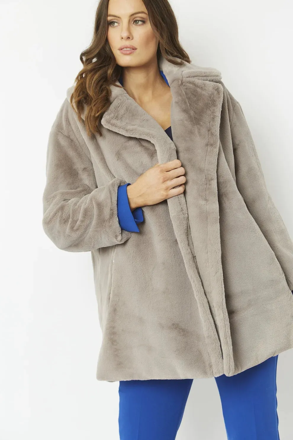 Ladies Light Grey Faux Fur Midi Coat