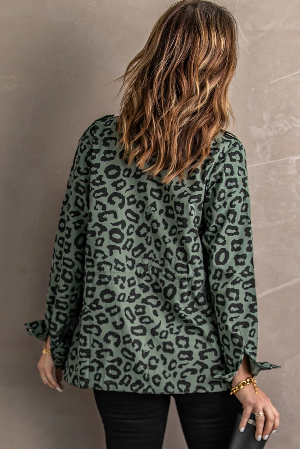 Lapel Collar Zipper Drawstring Leopard Coat