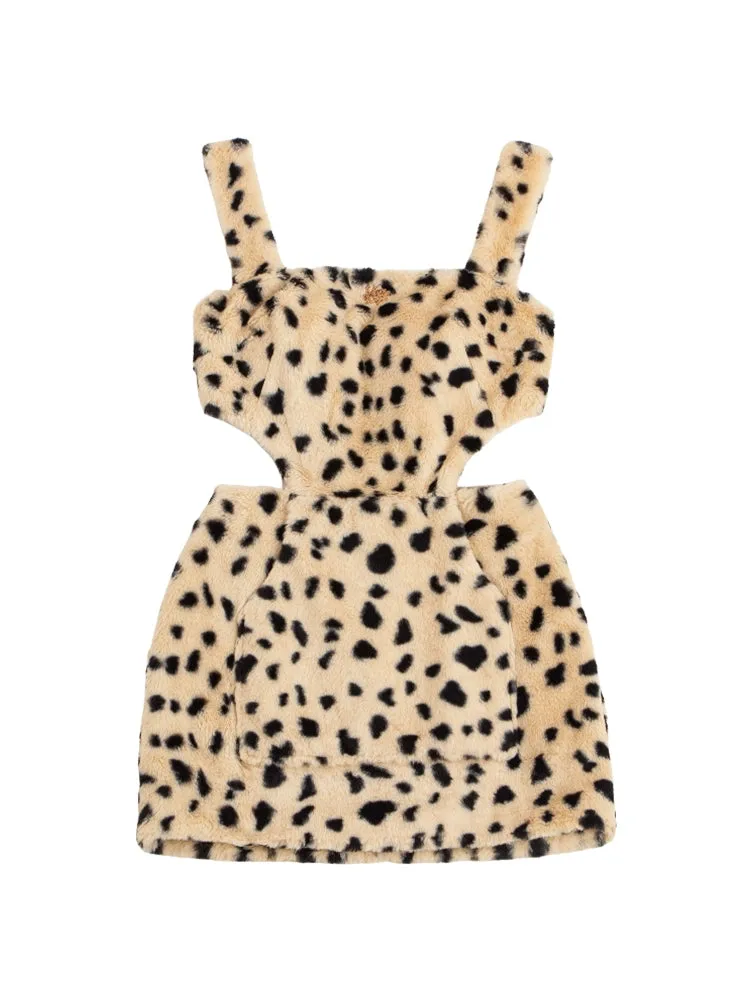 Le Palais Vintage Luxury Leopard Print Fur Slim Strap Dress-May