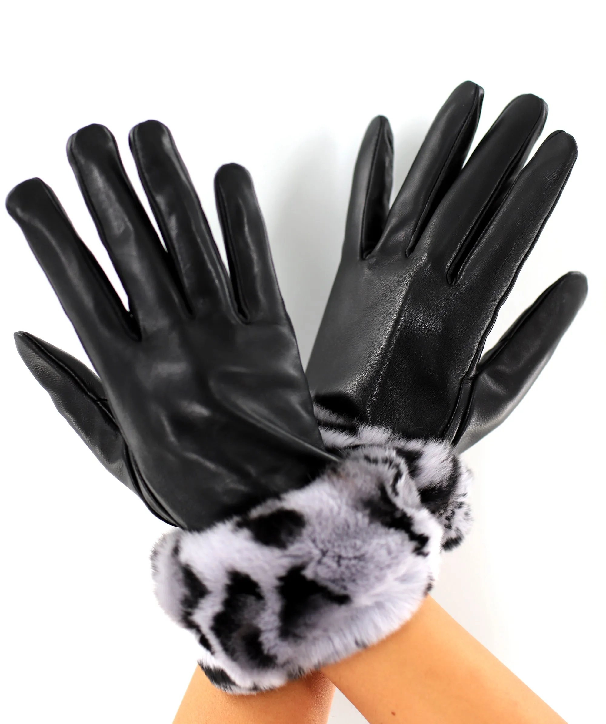 Leather Gloves with Rex Rabbit Leopard Print