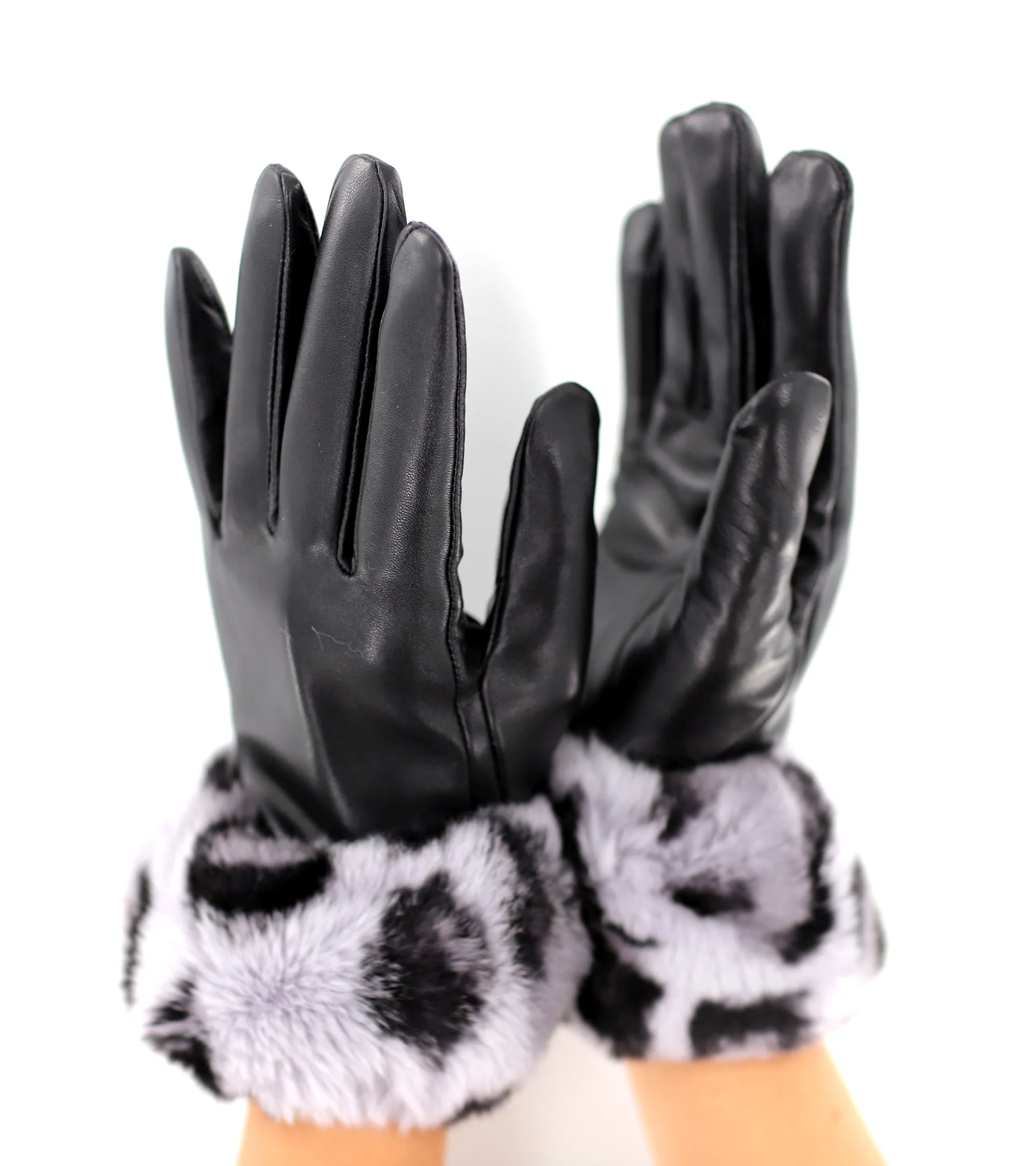 Leather Gloves with Rex Rabbit Leopard Print