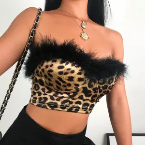 Leopard animal style fur bustier crop top