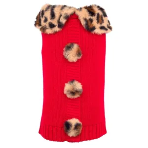 Leopard Collar Cardigan Dog Sweater Red