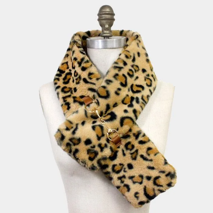 Leopard Patterned Faux Fur Leather Pull Through Scarf