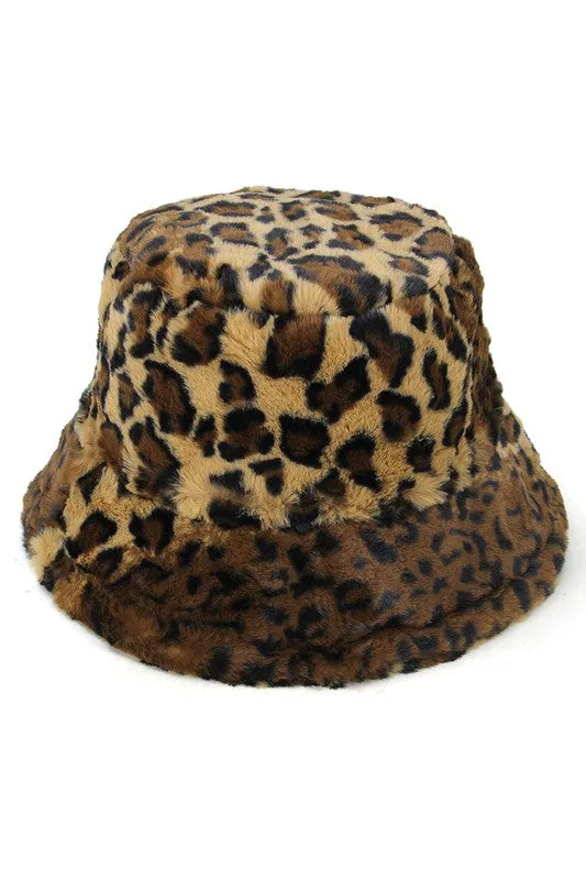 Leopard Print Faux Fur Bucket Hat