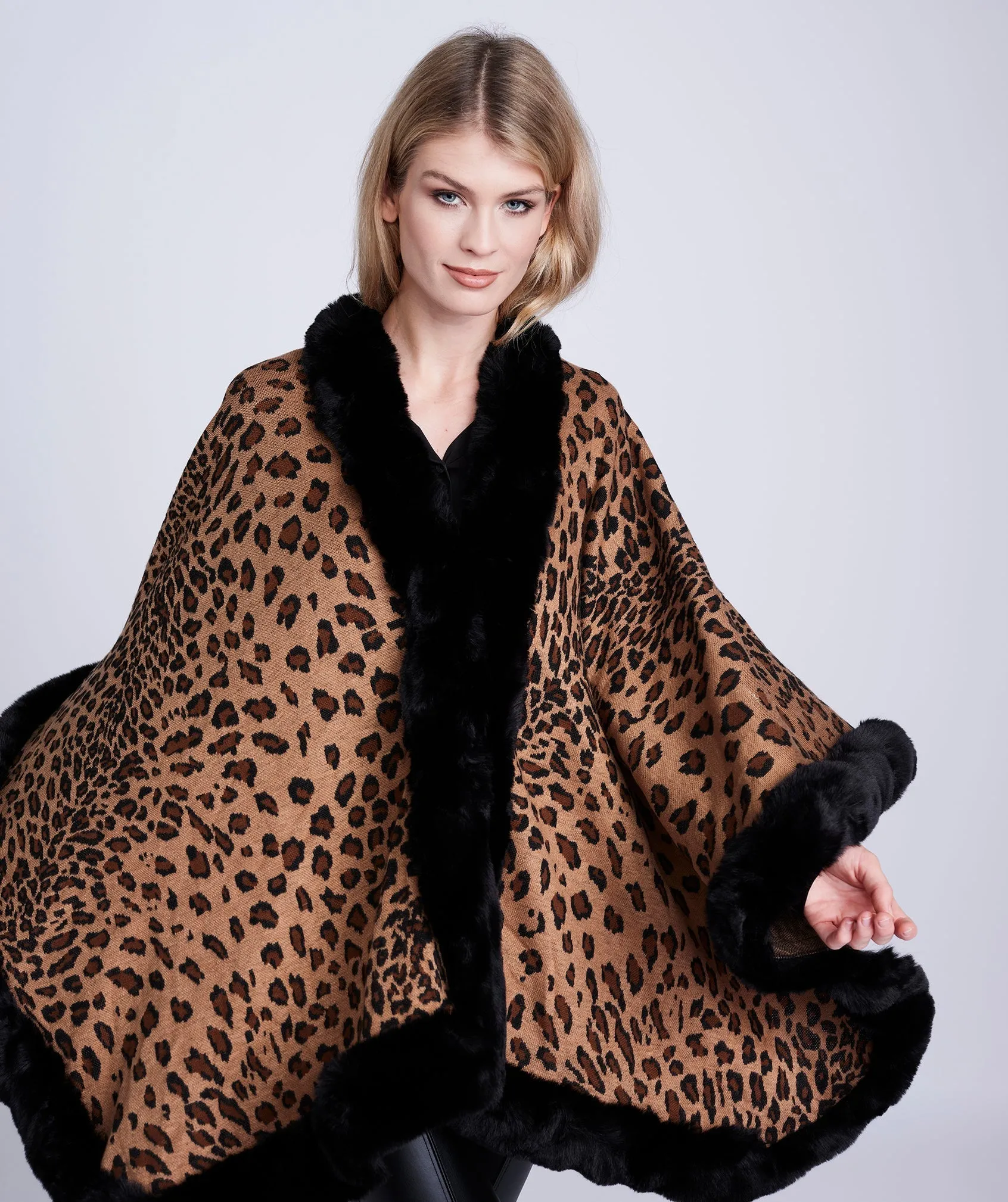 Leopard Print Faux Fur Trimmed Wrap