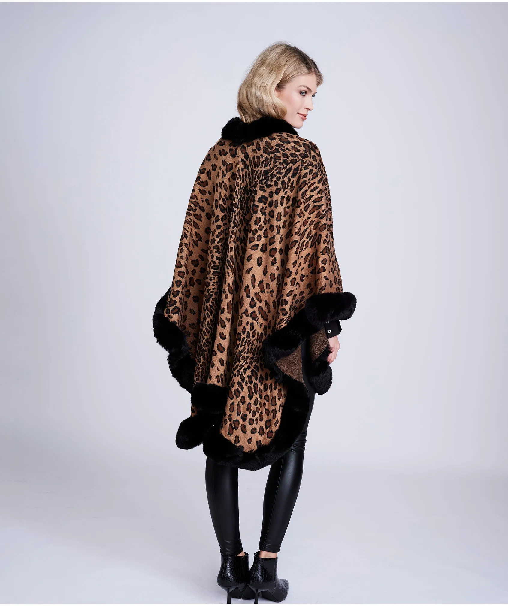 Leopard Print Faux Fur Trimmed Wrap