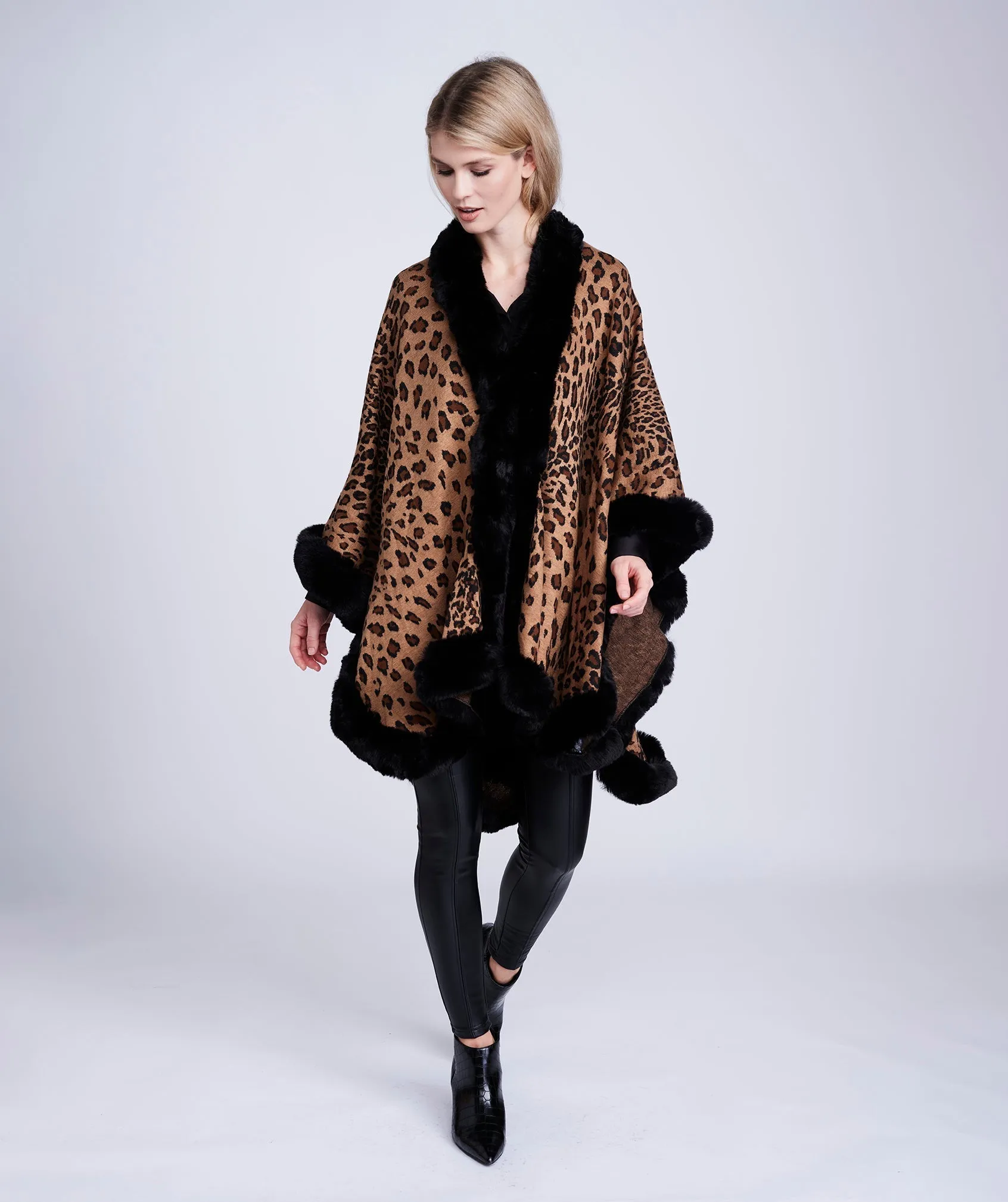 Leopard Print Faux Fur Trimmed Wrap