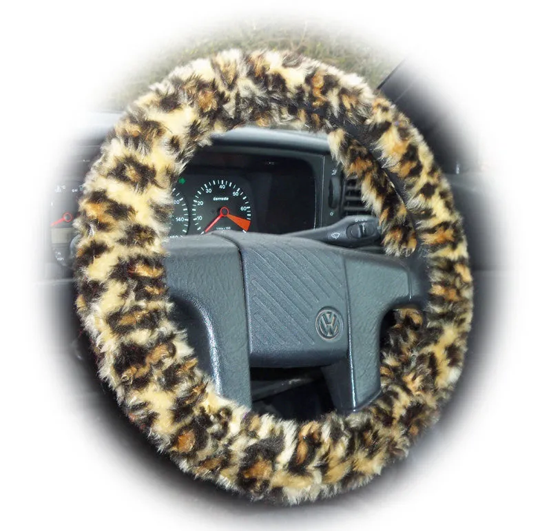 Leopard Print fuzzy steering wheel cover with cute matching rearview interior mirror cover