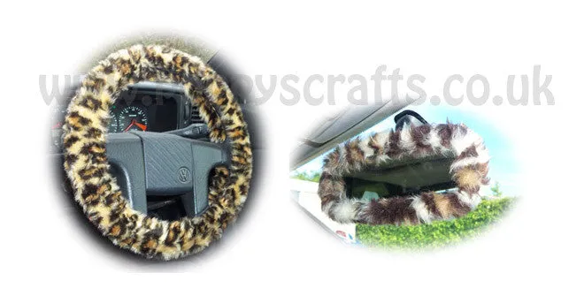 Leopard Print fuzzy steering wheel cover with cute matching rearview interior mirror cover