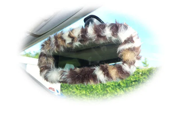 Leopard Print fuzzy steering wheel cover with cute matching rearview interior mirror cover