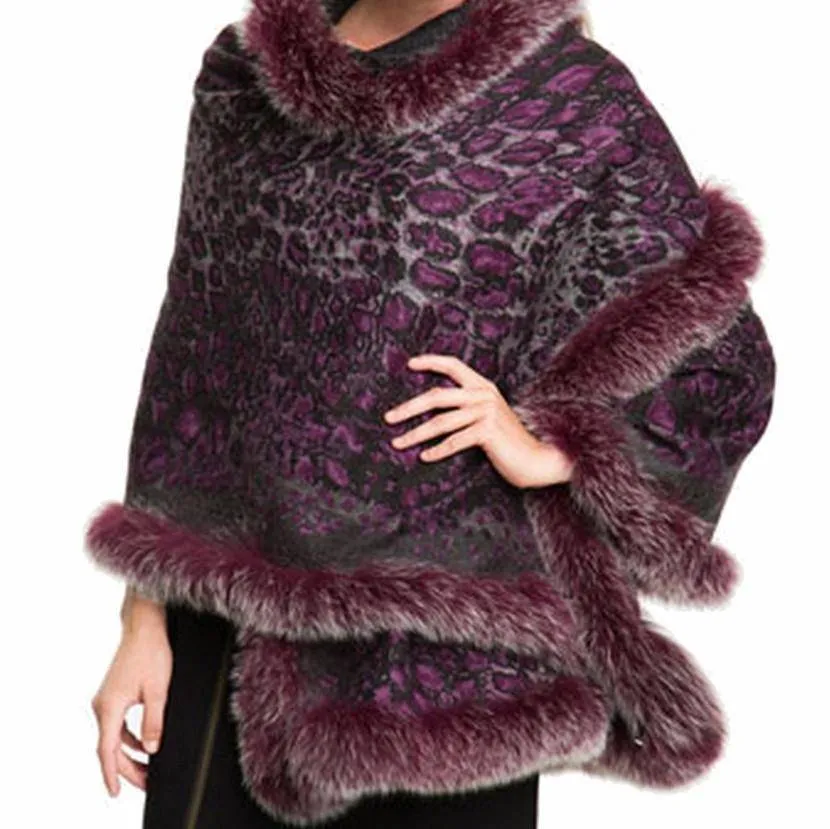 Leopard Print Wrap with Fox Trim - Purple / Charcoal