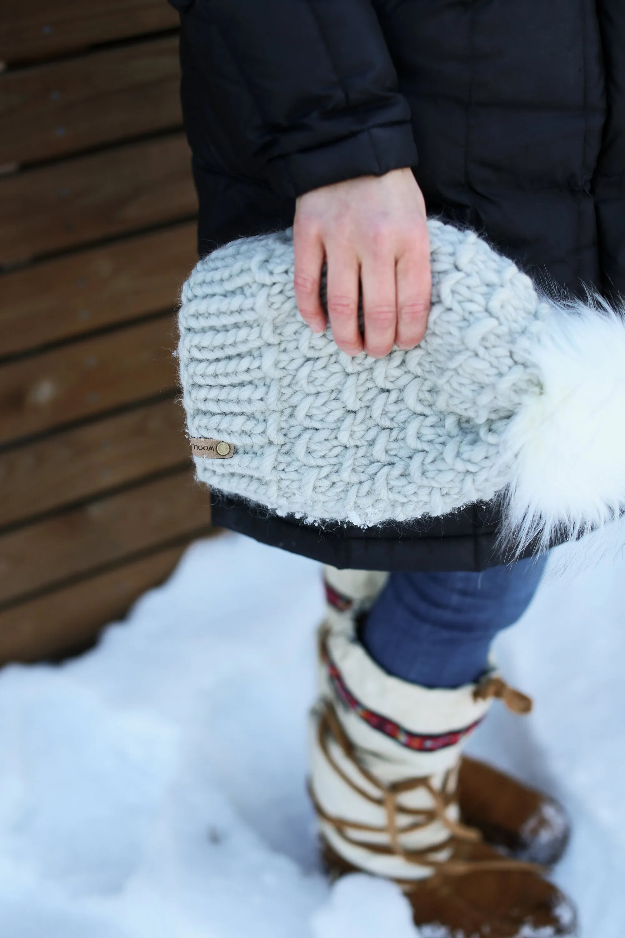 Light Gray Peruvian Wool Knit Hat with Faux Fur Pom Pom