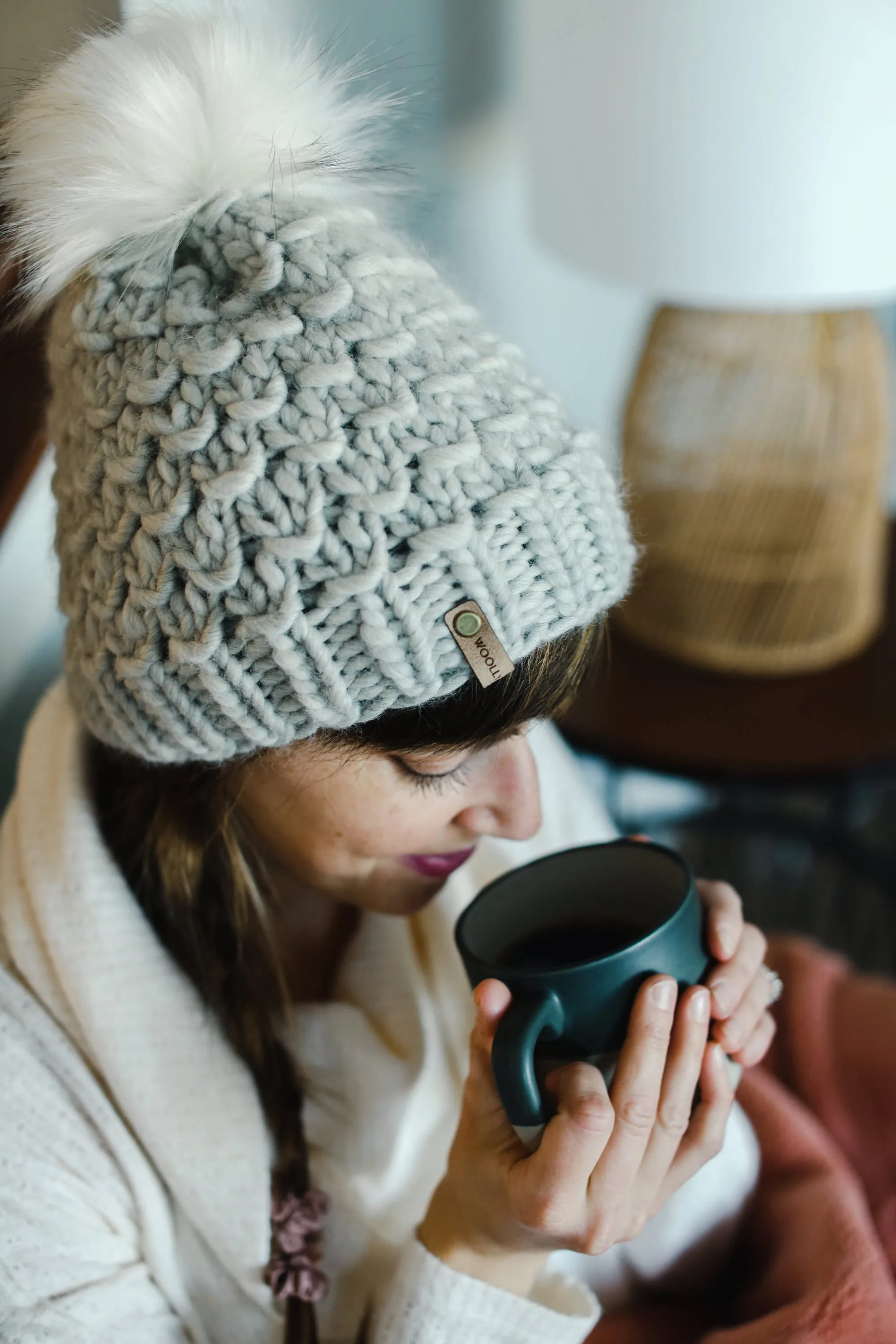 Light Gray Peruvian Wool Knit Hat with Faux Fur Pom Pom