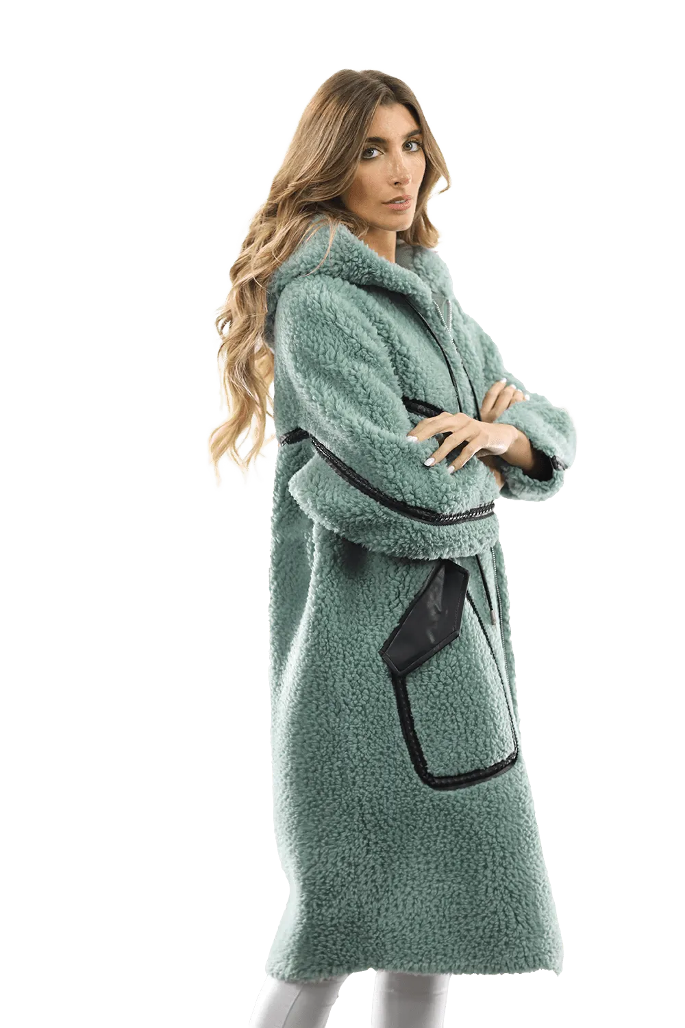 Long Faux Fur Coat with Black detail - Green