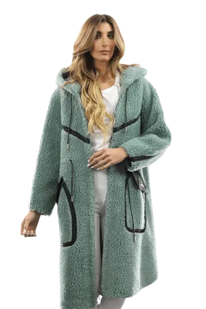 Long Faux Fur Coat with Black detail - Green