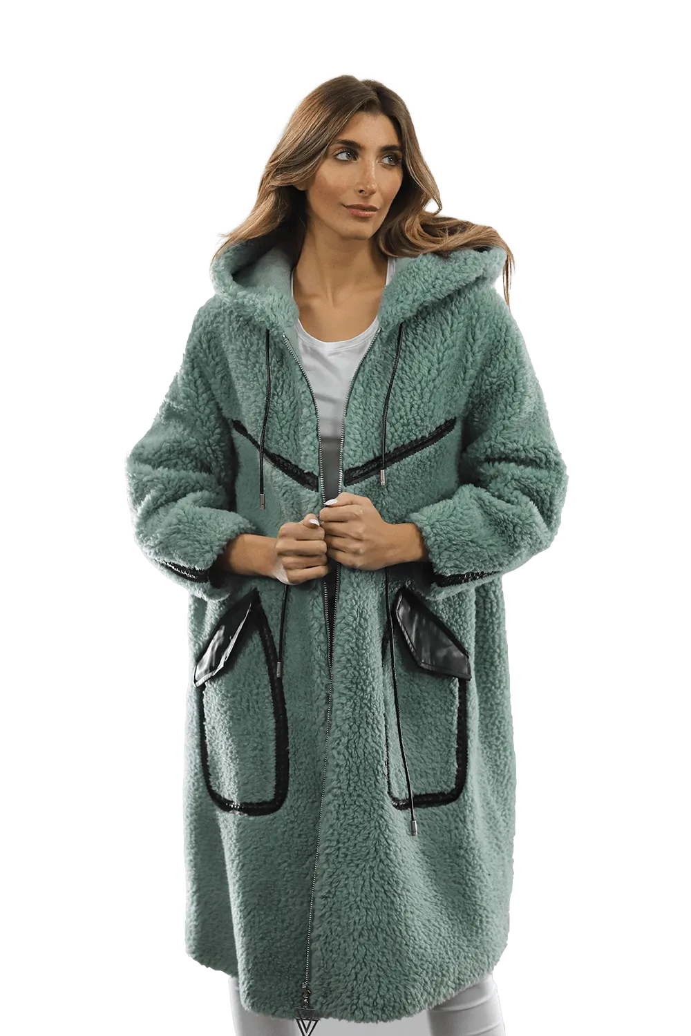 Long Faux Fur Coat with Black detail - Green