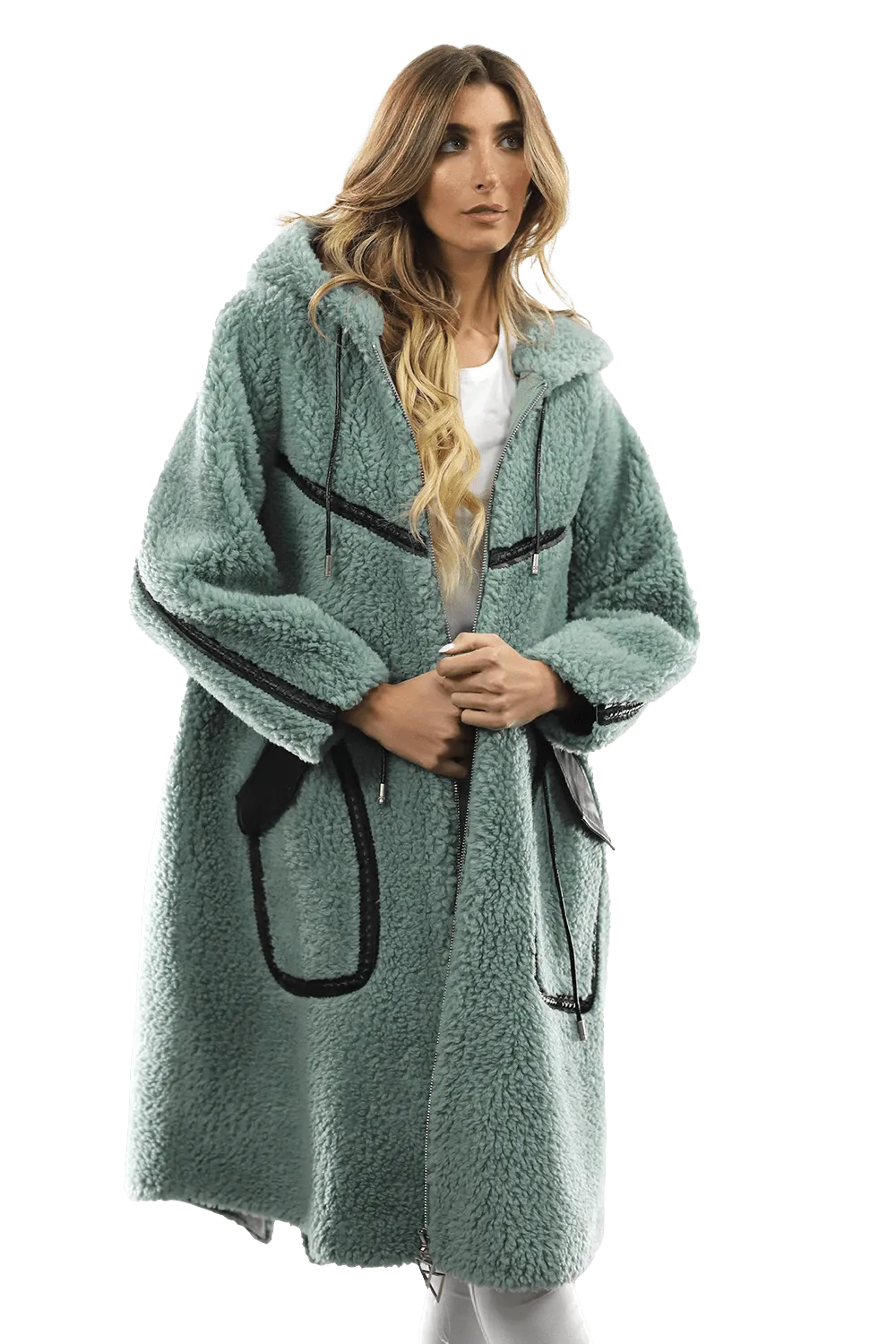 Long Faux Fur Coat with Black detail - Green