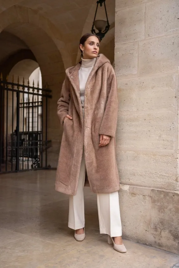 Long Hooded Synthetic Fur Coat Camel